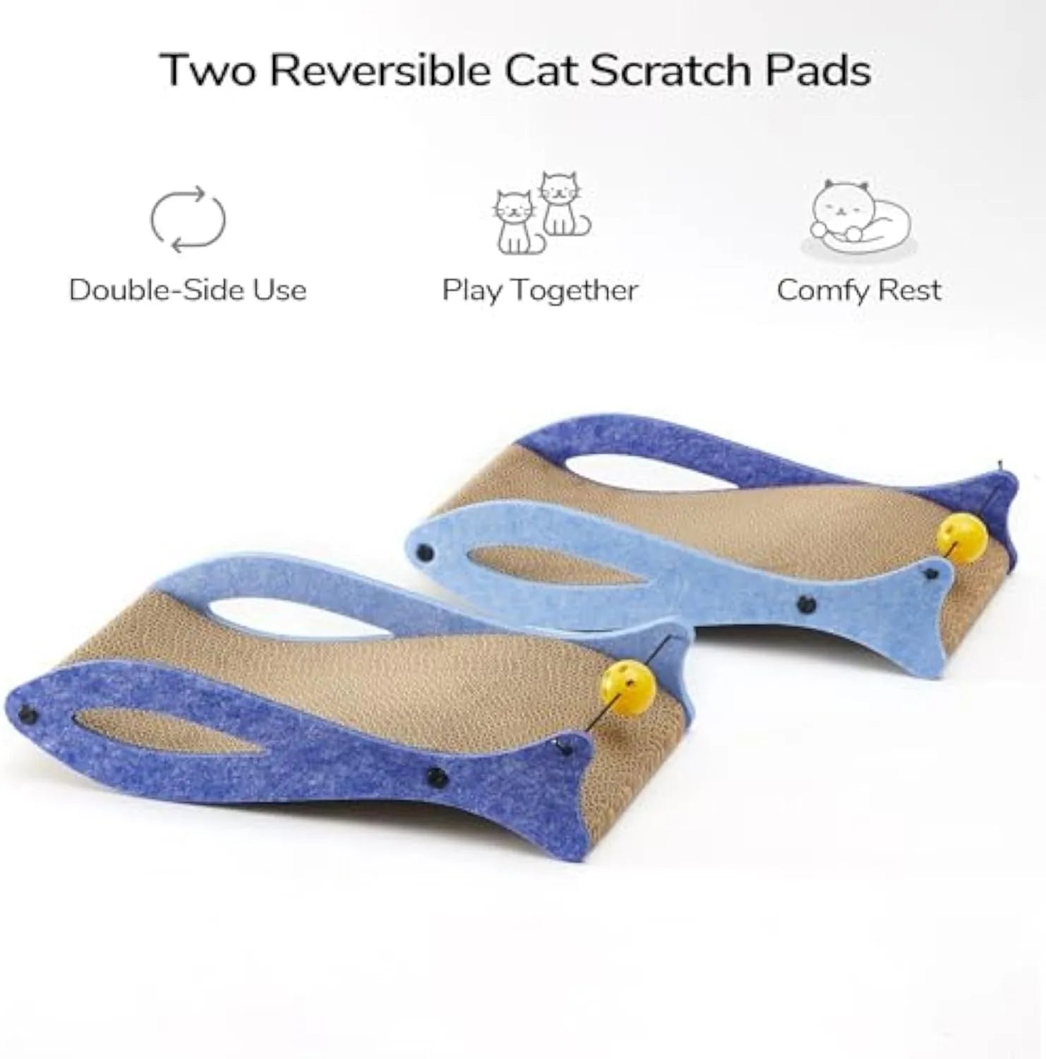 Blue fish-shaped cat scratcher lounge with corrugated cardboard surface and a hanging bell ball toy.