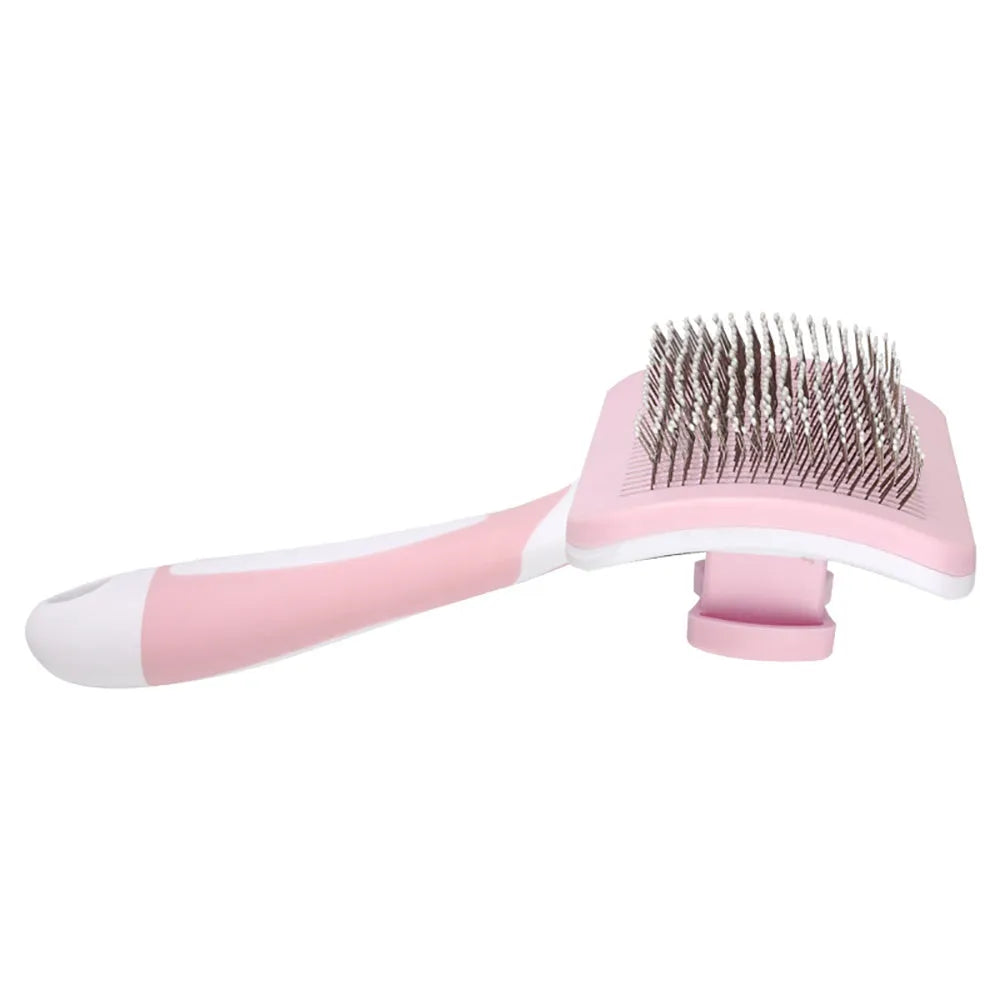 Self-cleaning slicker brush for dogs and cats with one-click hair removal button, available in green, orange, and pink