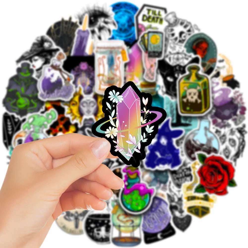 Waterproof laptop stickers 50 sheet pack showing glossy PVC material and various designs