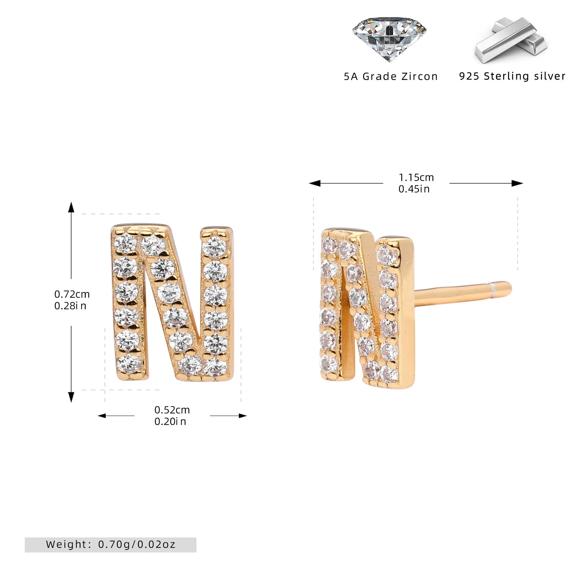925 silver letter ear stud with electroplated gold finish, alphabet motif