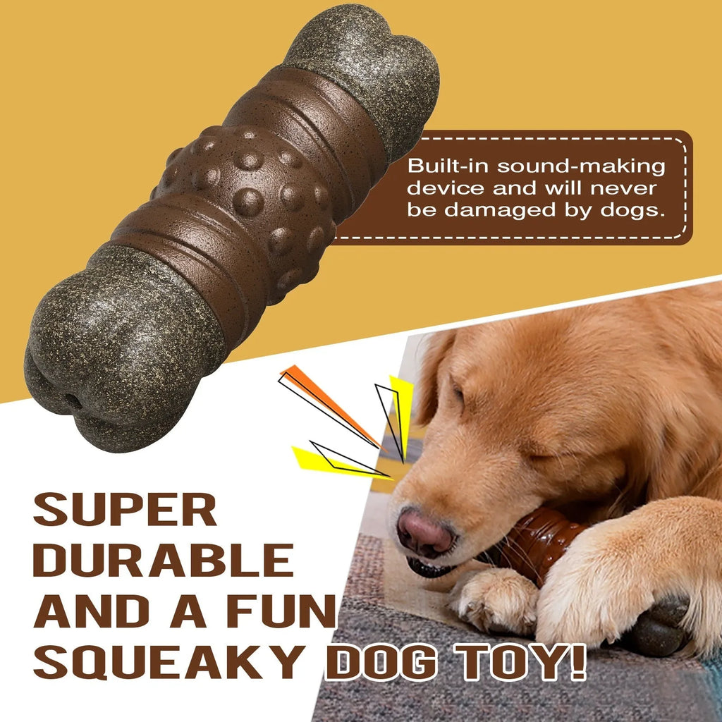 Wood colour plastic dog dental bone toy with integrated molar rod for teeth cleaning