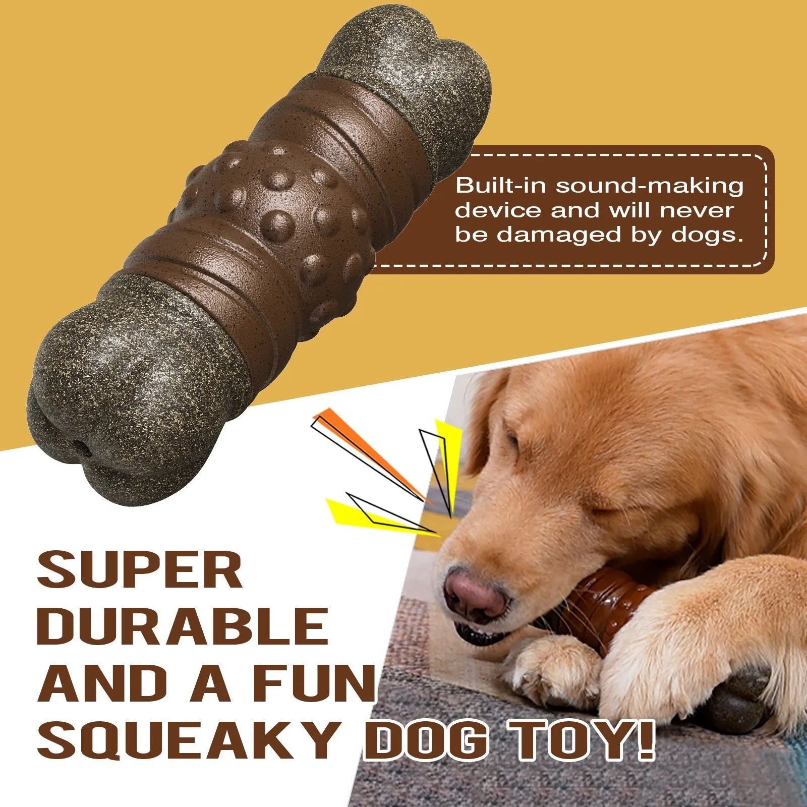 Wood colour plastic dog dental bone toy with integrated molar rod for teeth cleaning