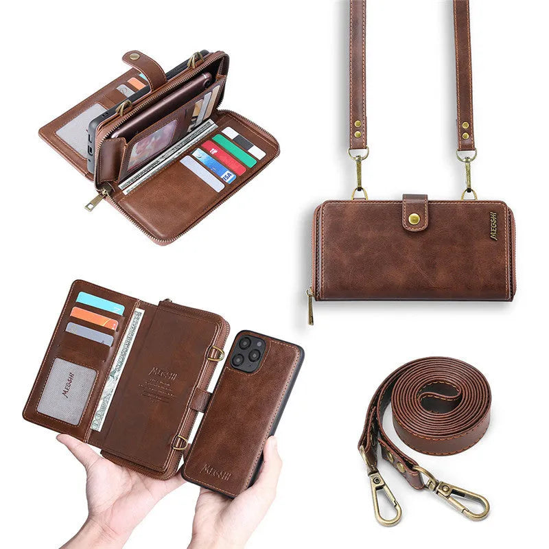 Black detachable wallet backpack phone case open, showing card slots and strong adsorption leather for a smartphone.