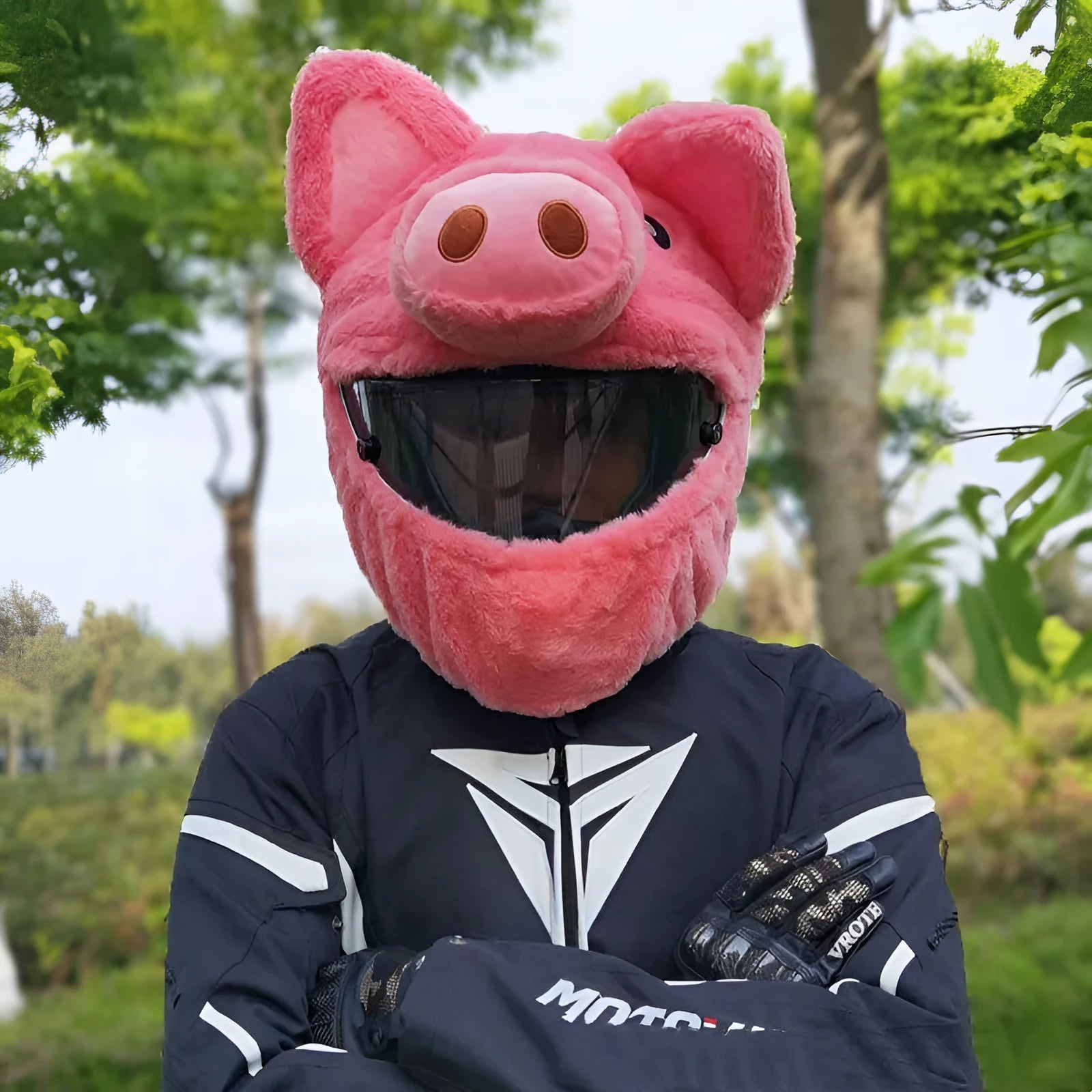 Pink pig cartoon design motorcycle helmet protective hood made from plush PV velvet cloth