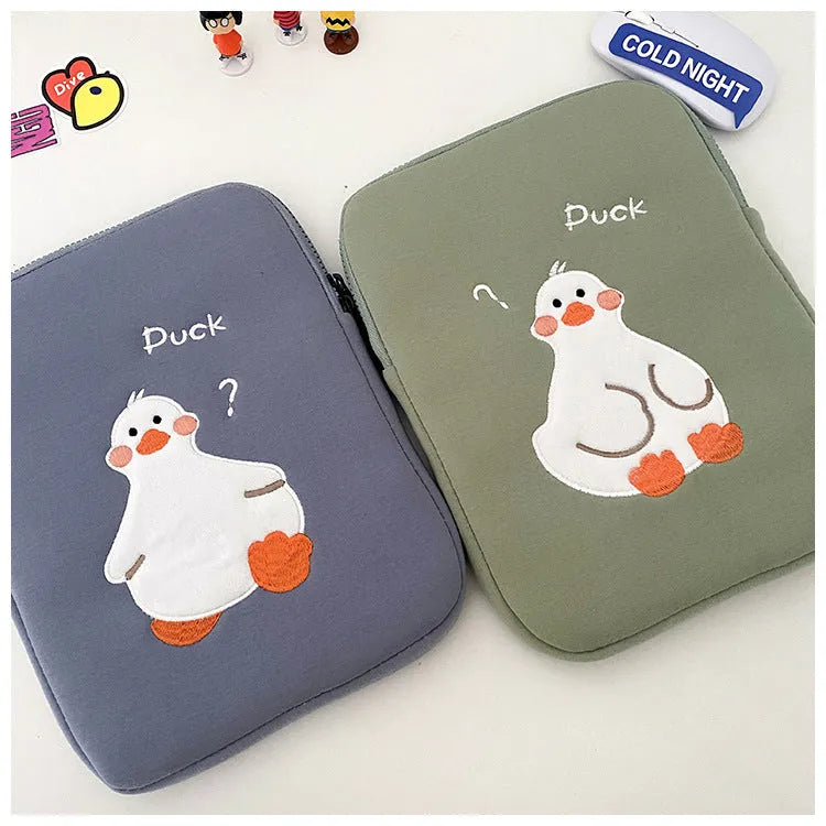 Blue cotton tablet case with cartoon duck embroidery and zipper closure for 11-16 inch tablets