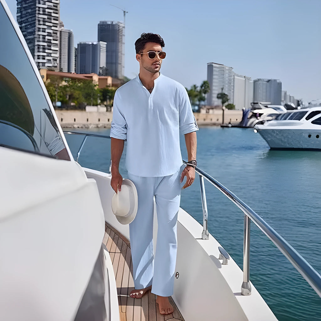 Men's solid colour casual cotton suit with long sleeve top and full-length trousers