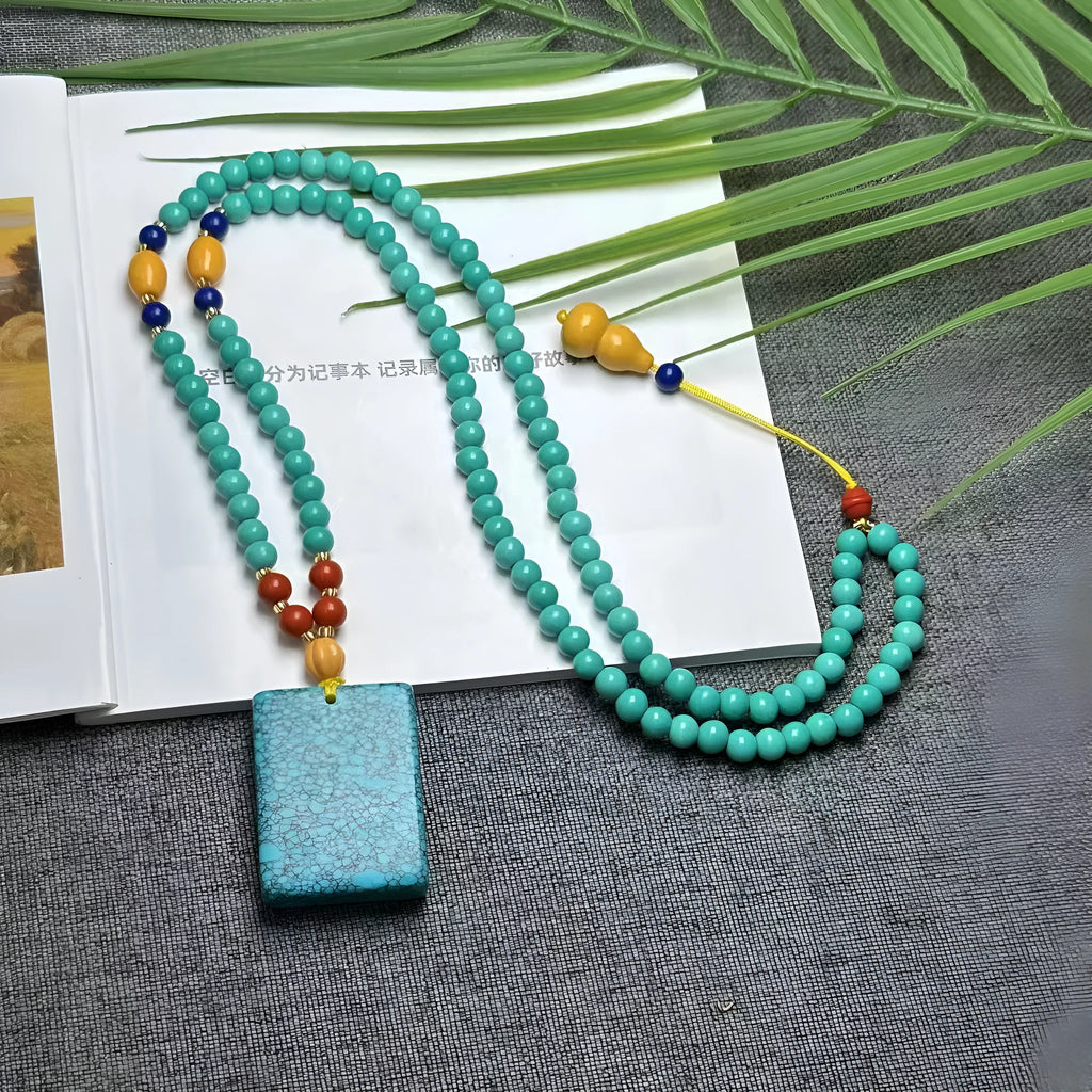 Turquoise mesh flower lucky pendant necklace with adjustable ball bead chain 71-80cm