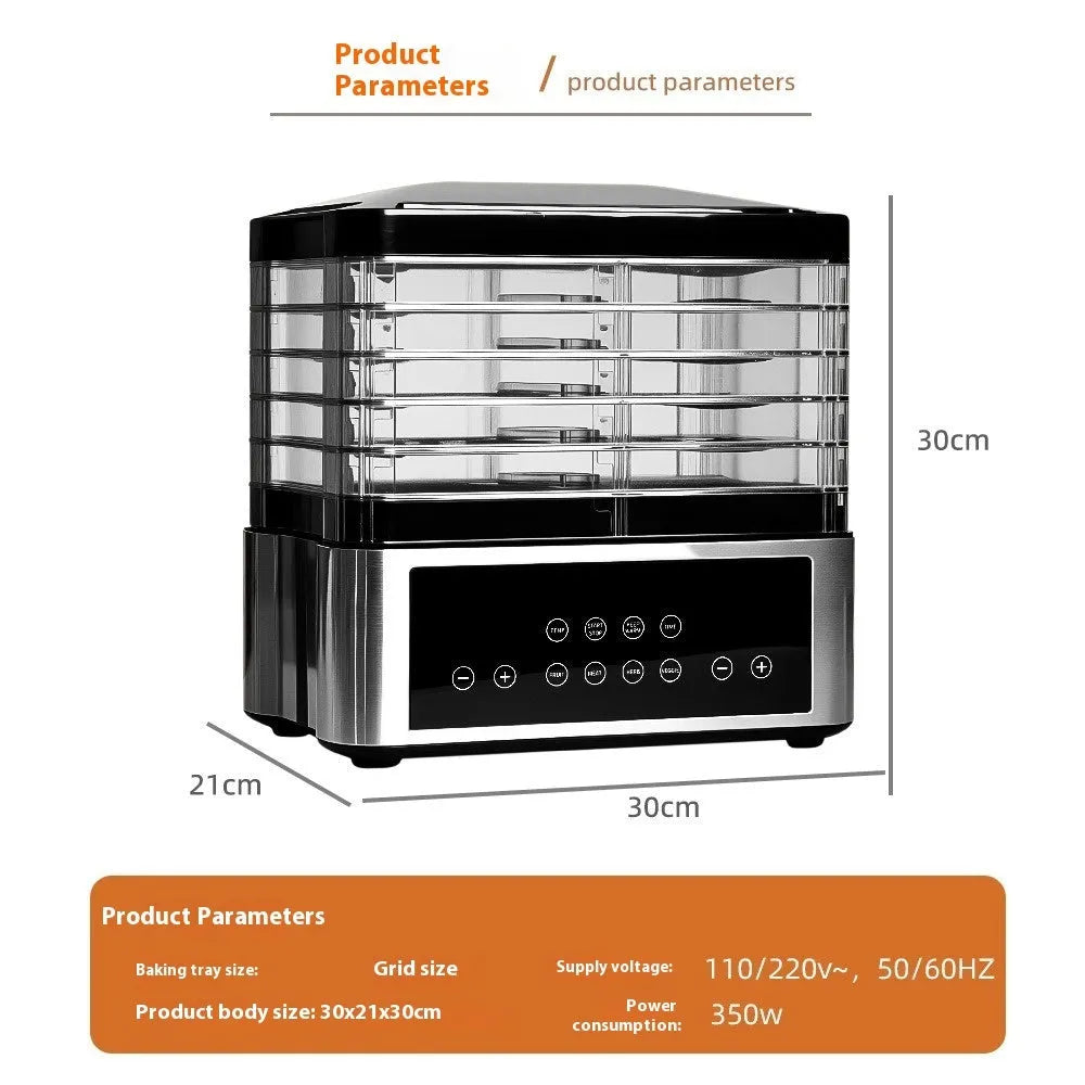 Silver stainless steel fruit dehydrator food dryer with 14 litre capacity and temperature control