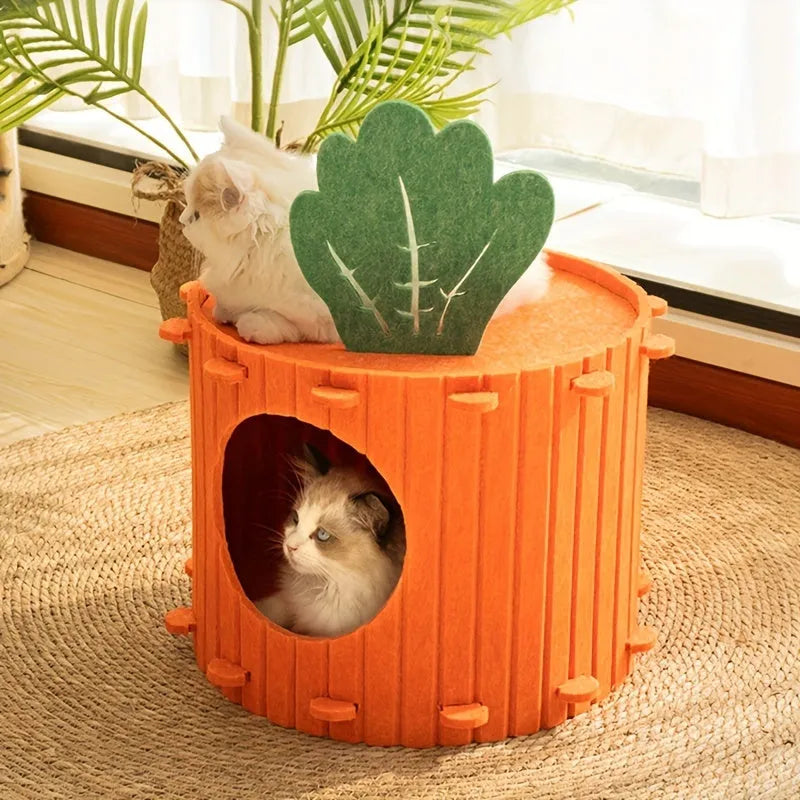 Carrot-shaped felt cat tunnel nest with ventilation holes in soft grey material
