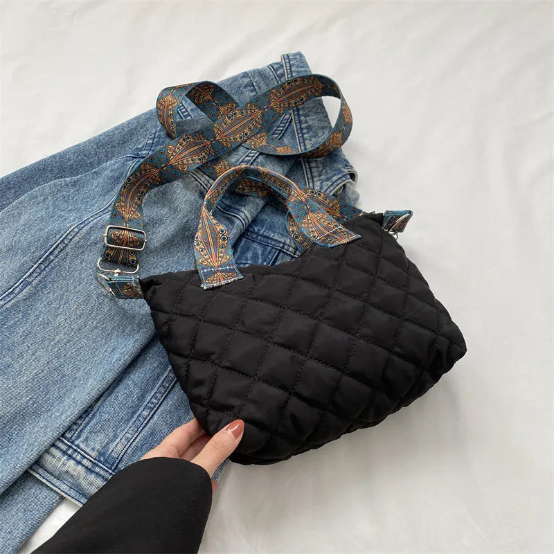 Soft Oxford cloth shoulder messenger bag with embroidery details in horizontal square shape