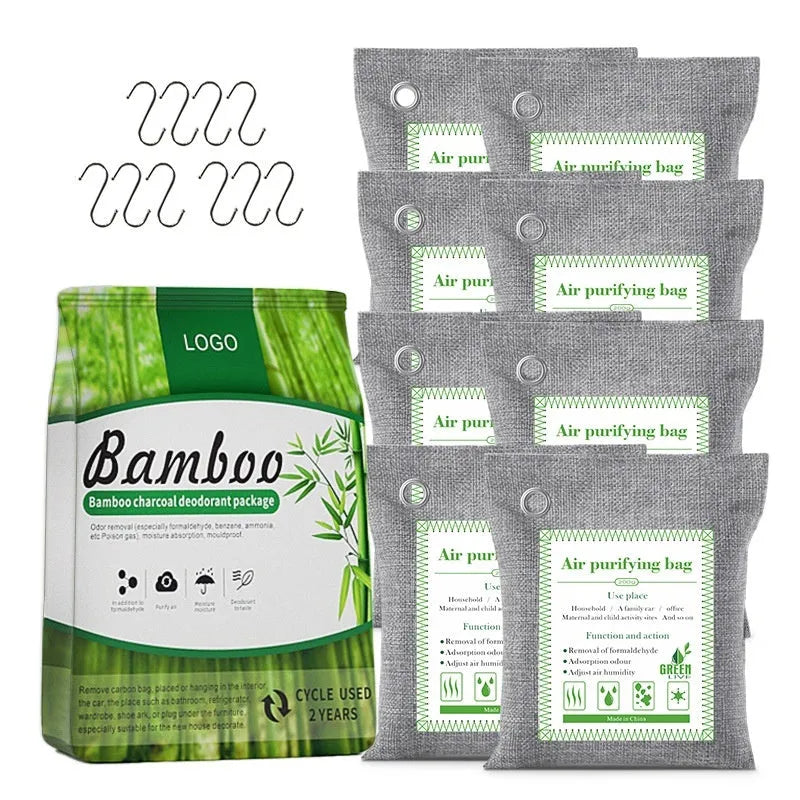 Bamboo charcoal air purifier bag in breathable fabric for formaldehyde removal.