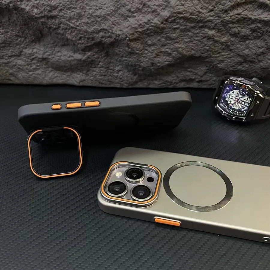 Frosted magnetic bracket phone case in black for iPhone 15 Pro Max with lens protector