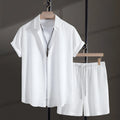 Men's black casual summer shirt and shorts suit with short sleeves on hanger