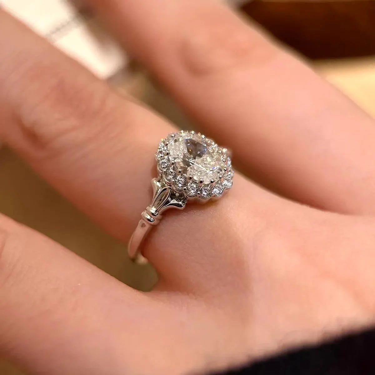 Silver adjustable opening geometric ellipse bridal bouquet ring with diamond treatment