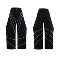 Men's black trousers with metal striped rivets and pleated design detail