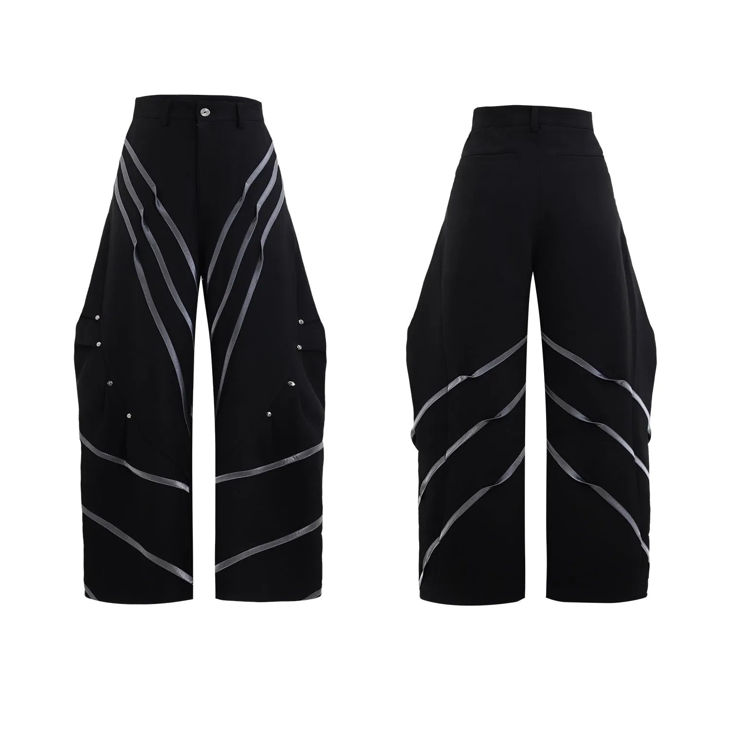 Men's black trousers with metal striped rivets and pleated design detail