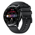 Sports smartwatch with colour options of black leather, steel, and vinyl on a silicone strap.