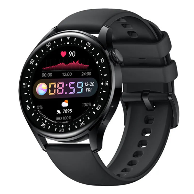 Sports smartwatch with colour options of black leather, steel, and vinyl on a silicone strap.