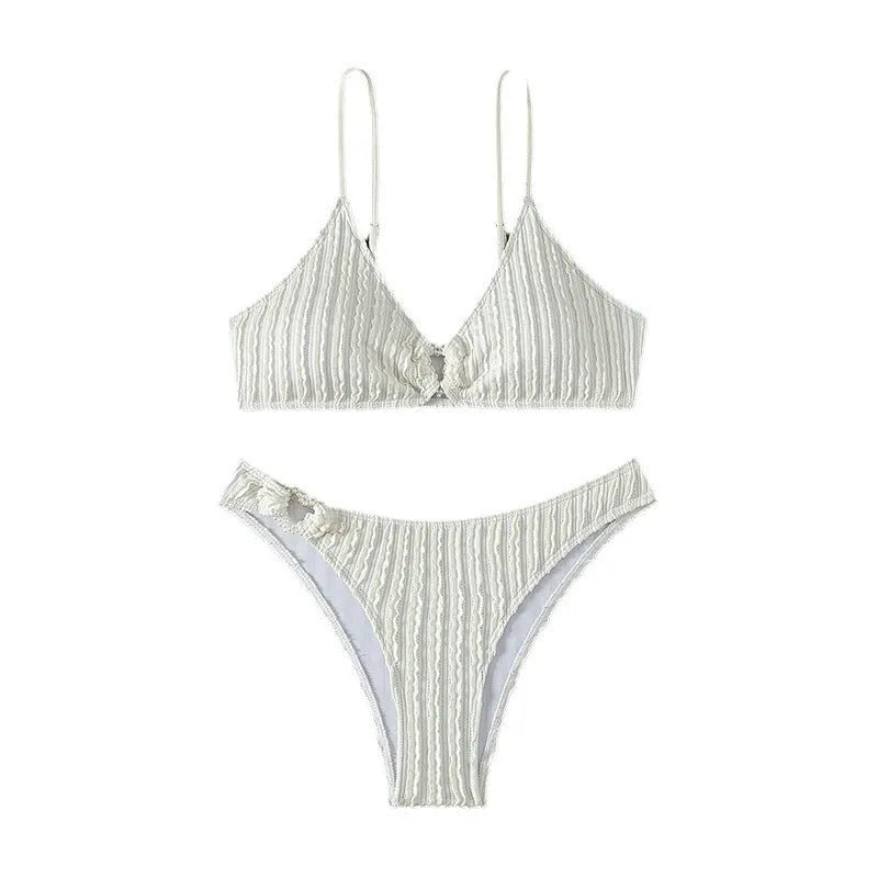 White women's V-neck beach swimsuit with matching shorts for swimming