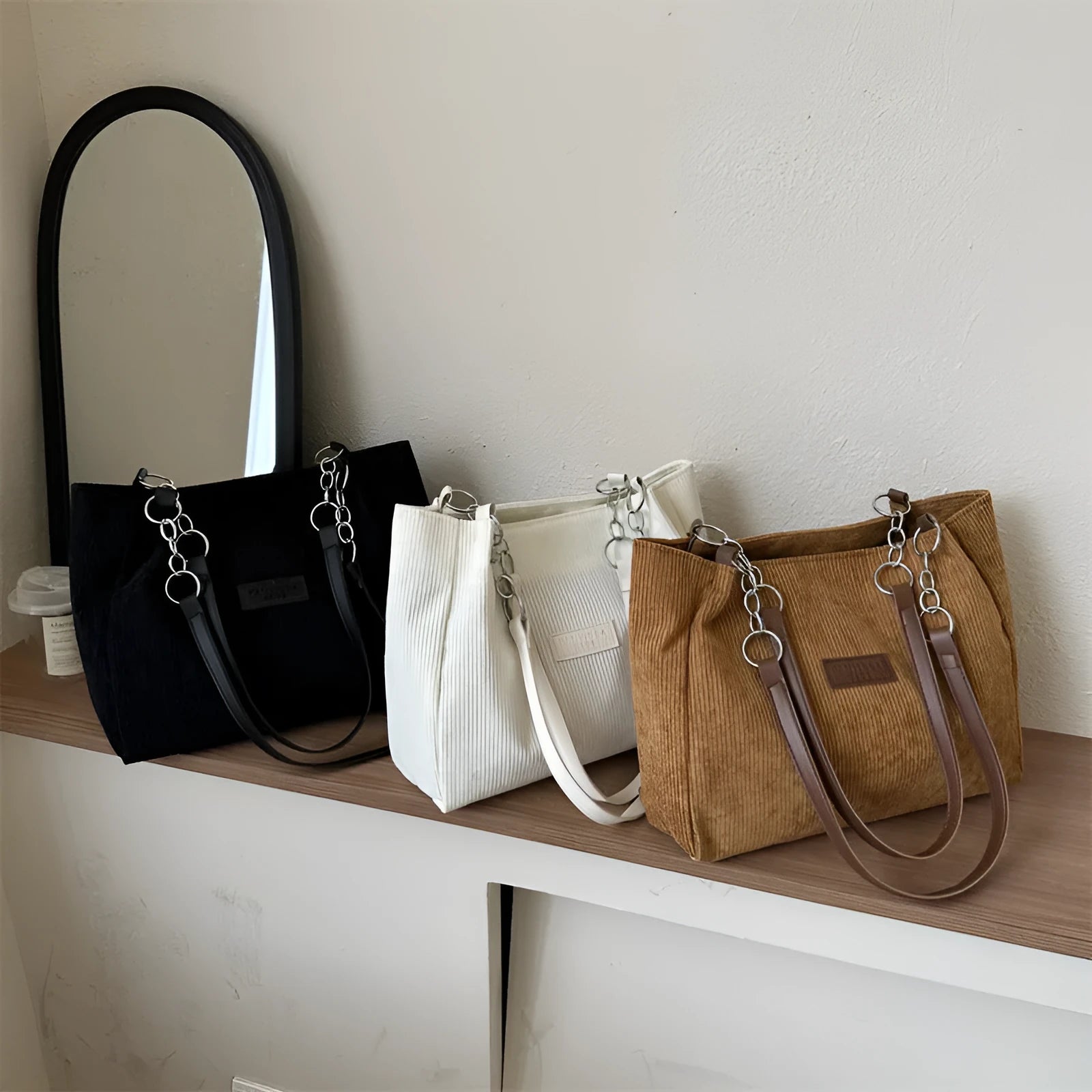 Corduroy one-shoulder tote handbag in horizontal square shape with three-dimensional pockets