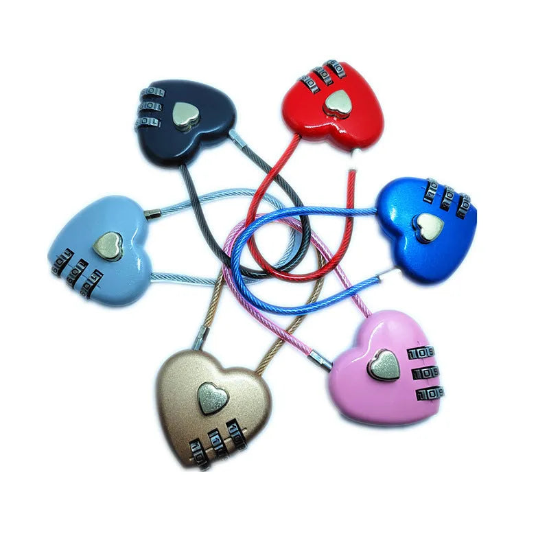 Peach heart-shaped ABS plastic padlock with a steel cable, shown in multiple colour options.