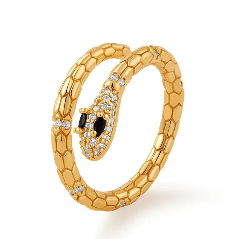 Adjustable snake finger ring with gold plating on copper and diamond treatment surface