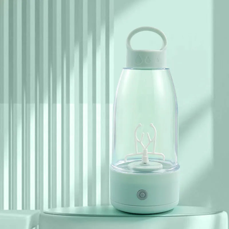 Automatic electric shaker bottle with USB charging port, handle, and blending button in green, pink, or white.