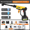 Wireless high pressure water gun in green with six-in-one nozzle, battery, and accessory kit for cleaning.