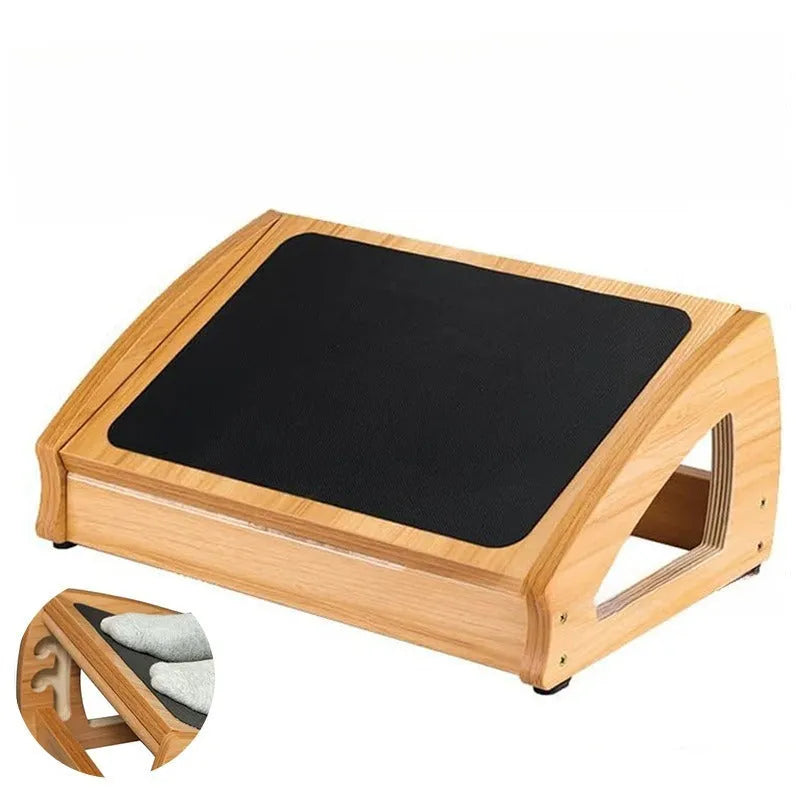Wooden bamboo office desk footstool in natural wood colour for adult ergonomic support