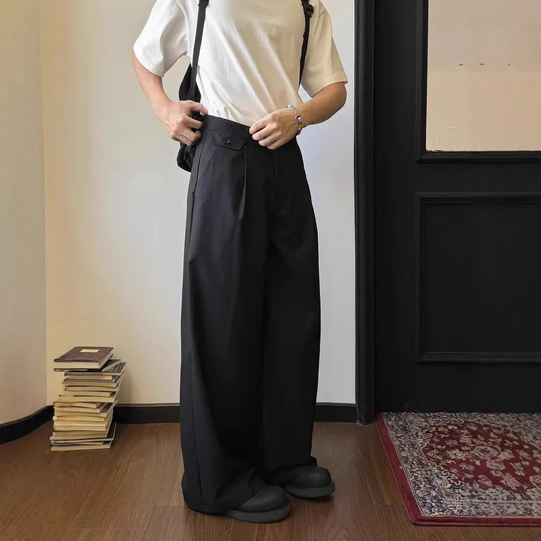 Men's straight-leg casual trousers in black or brown with wide-leg cut