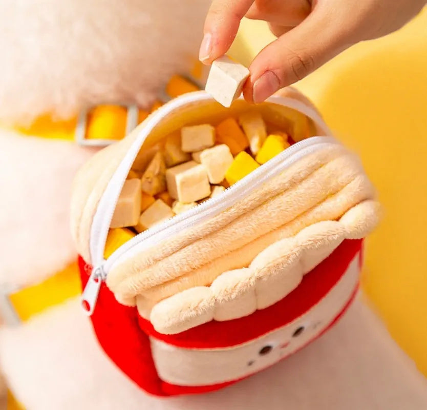 Cartoon hamburger print adjustable vest leash for a dog, showing hook-and-loop fasteners and attached rope.