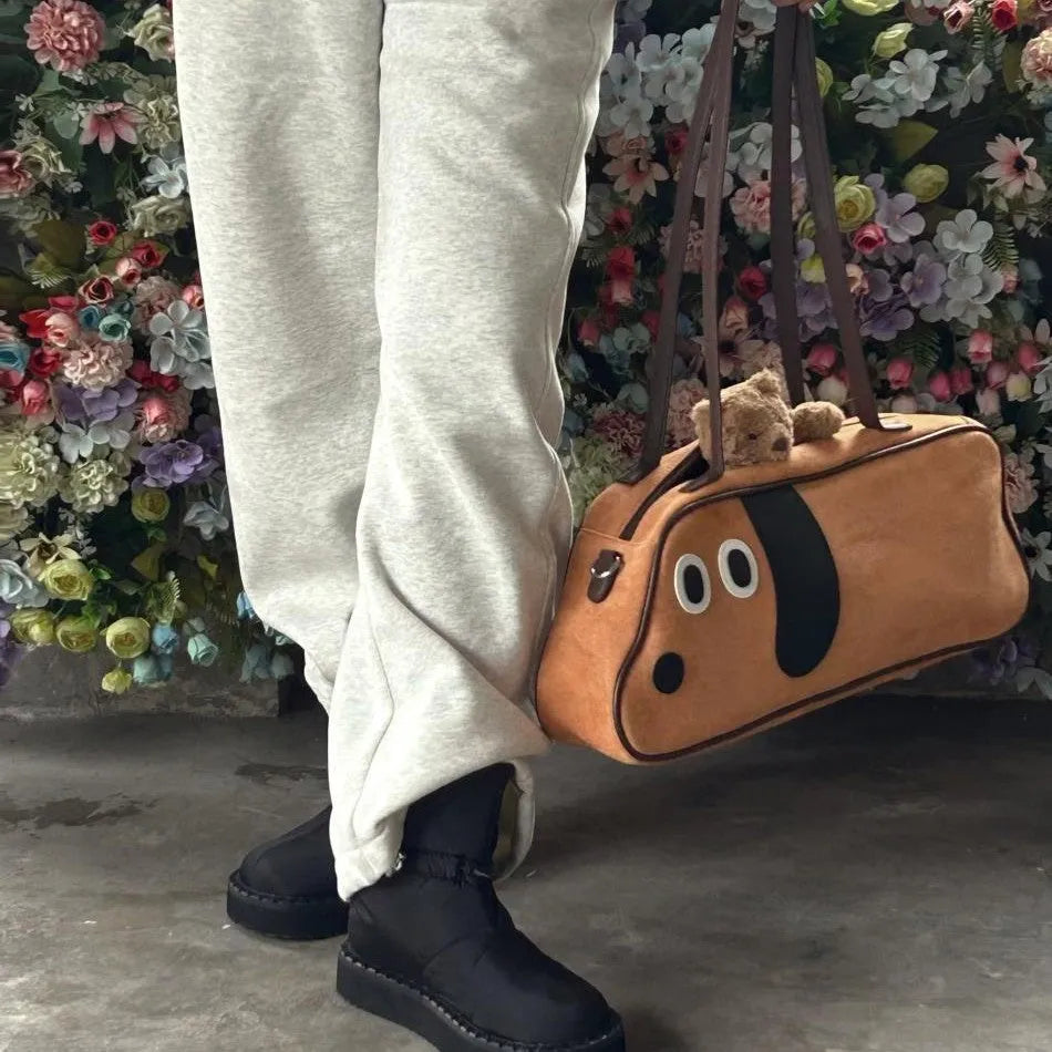 Virtue Pull sausage dog crossbody shoulder bag in toast brown colour, cotton material, large capacity, zipper closure.