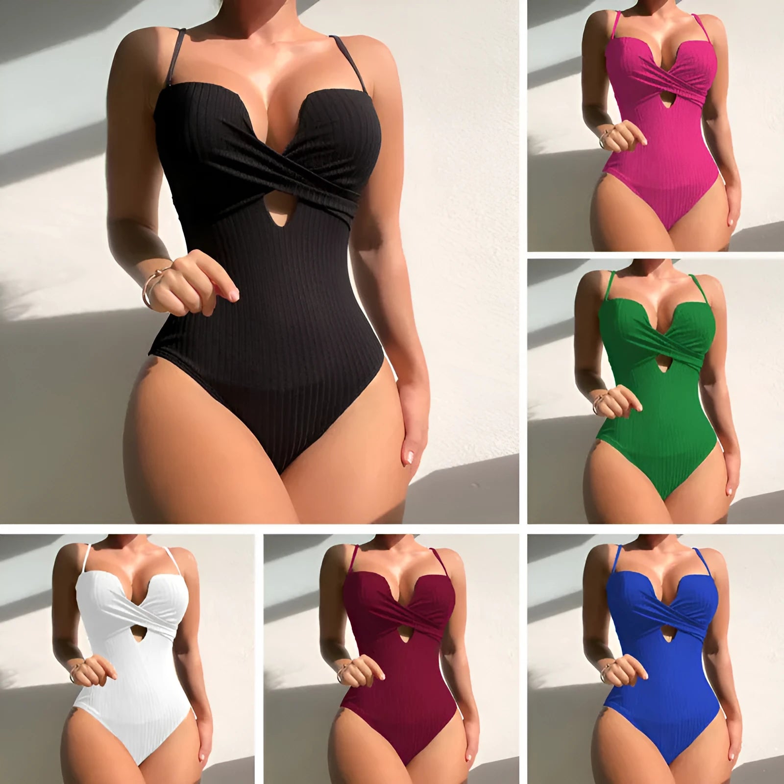 Women's solid colour one-piece swimsuit in white, burgundy, or rose red with slimming fit