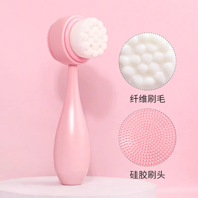 Facial brush with nylon bristles and coral fleece hair band set in purple, gray, white or pink colours