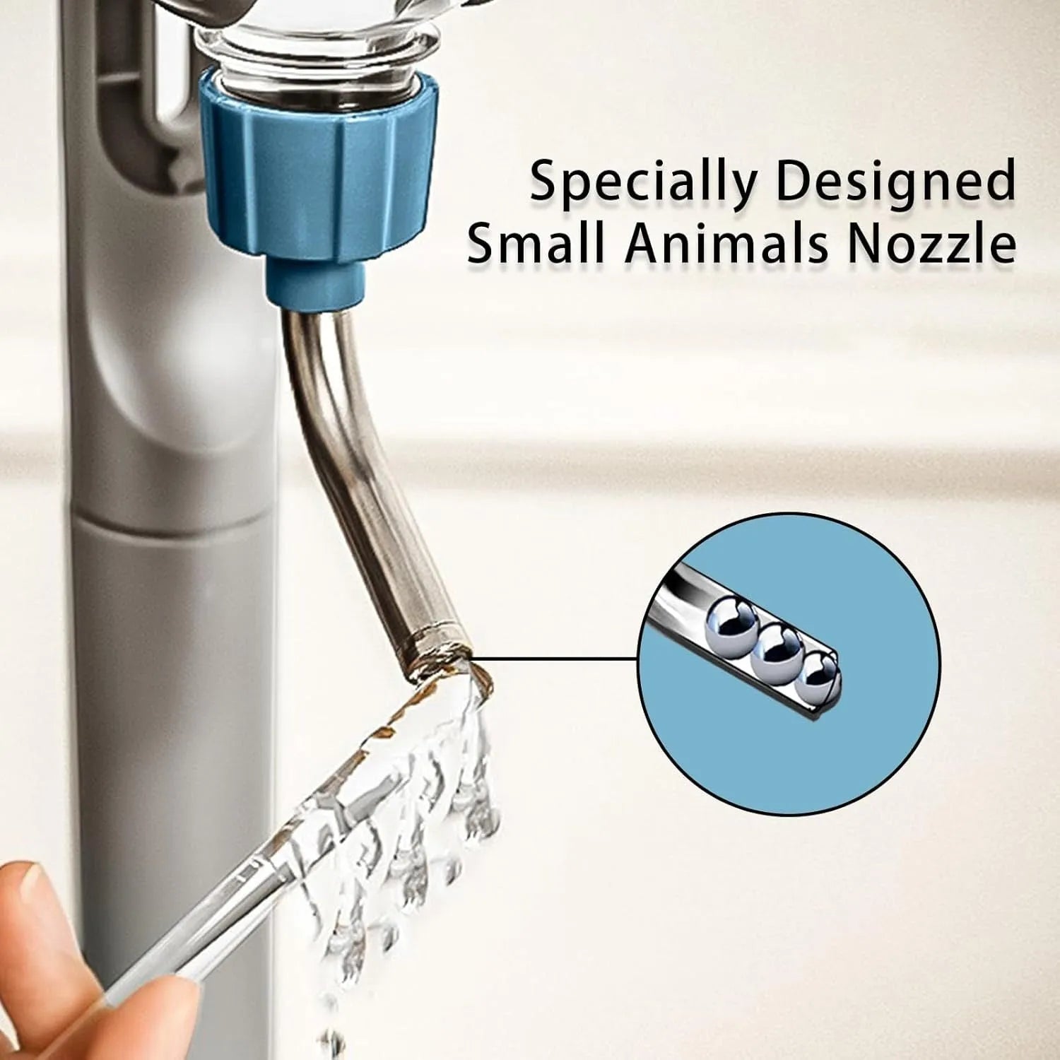 Small animal water bottle with rotatable nozzle mounted on cage bars, showing blue colour option