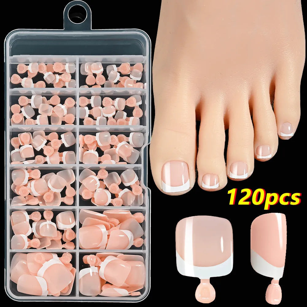 Box of 120 French tip artificial toenails in full square short shape with nine nude colour options