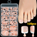 Box of 120 French tip artificial toenails in full square short shape with nine nude colour options