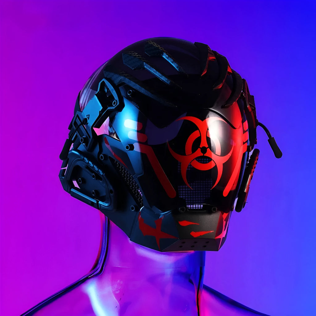 Black full face creative prop mask helmet with cyberpunk design for Halloween costumes