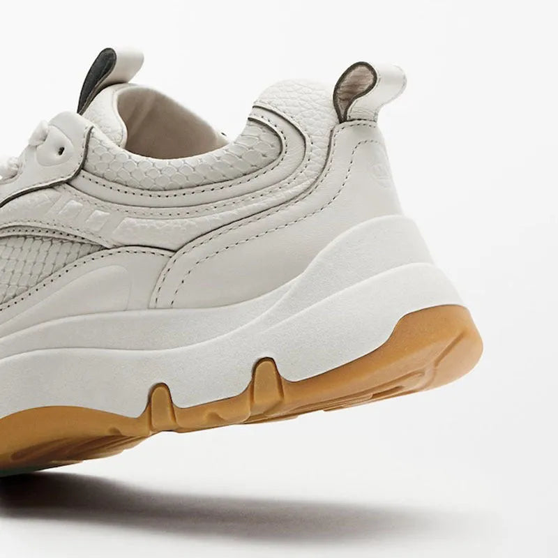 Women's beige first layer cowhide round toe sneakers with thick sole and cross strap detail