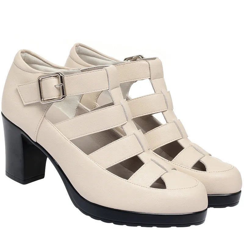 Women's beige closed toe sandals with chunky heel, woven hollowed design, and ankle-strap buckle