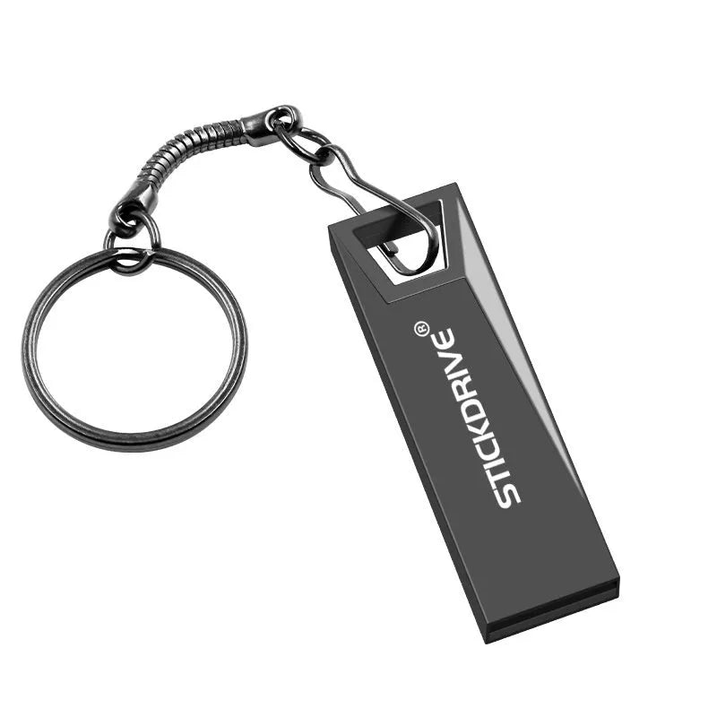 Silver and black metal USB flash drive on a necklace chain, showing lanyard and capacity options.