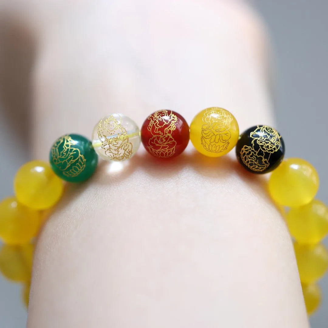 Agate Five Gods Of Wealth bracelet with 10mm round carved lettering beads in Chinese style