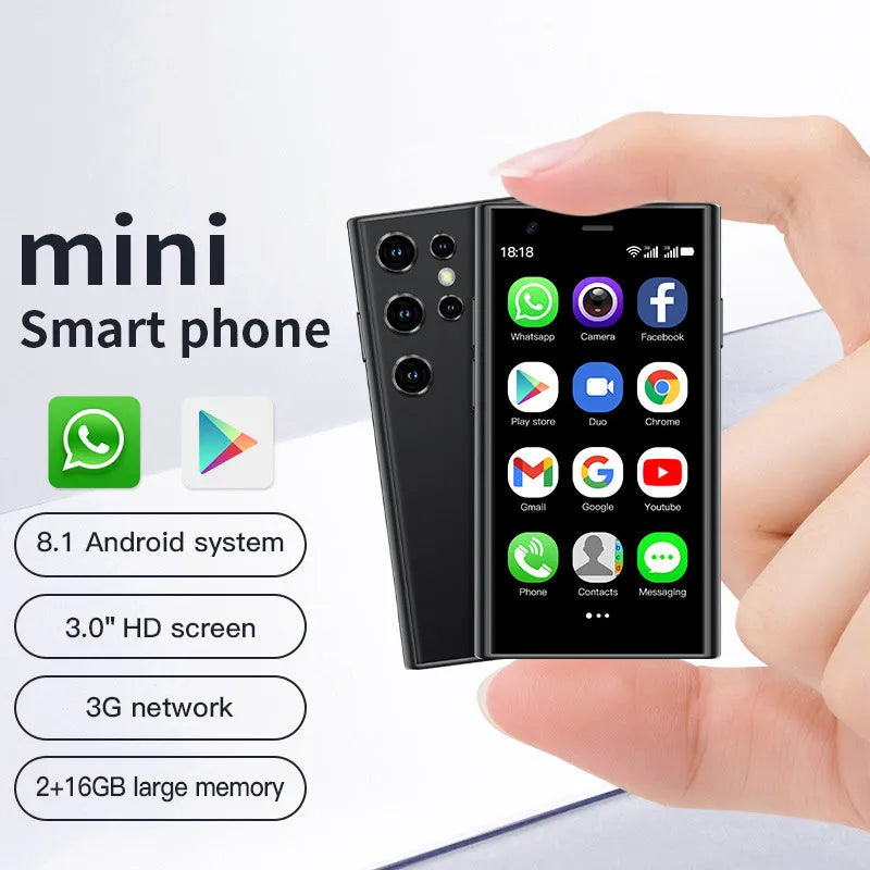S23PRO XS15 mini smartphone in Black, Green and Pink Purple colours showing straight plate design