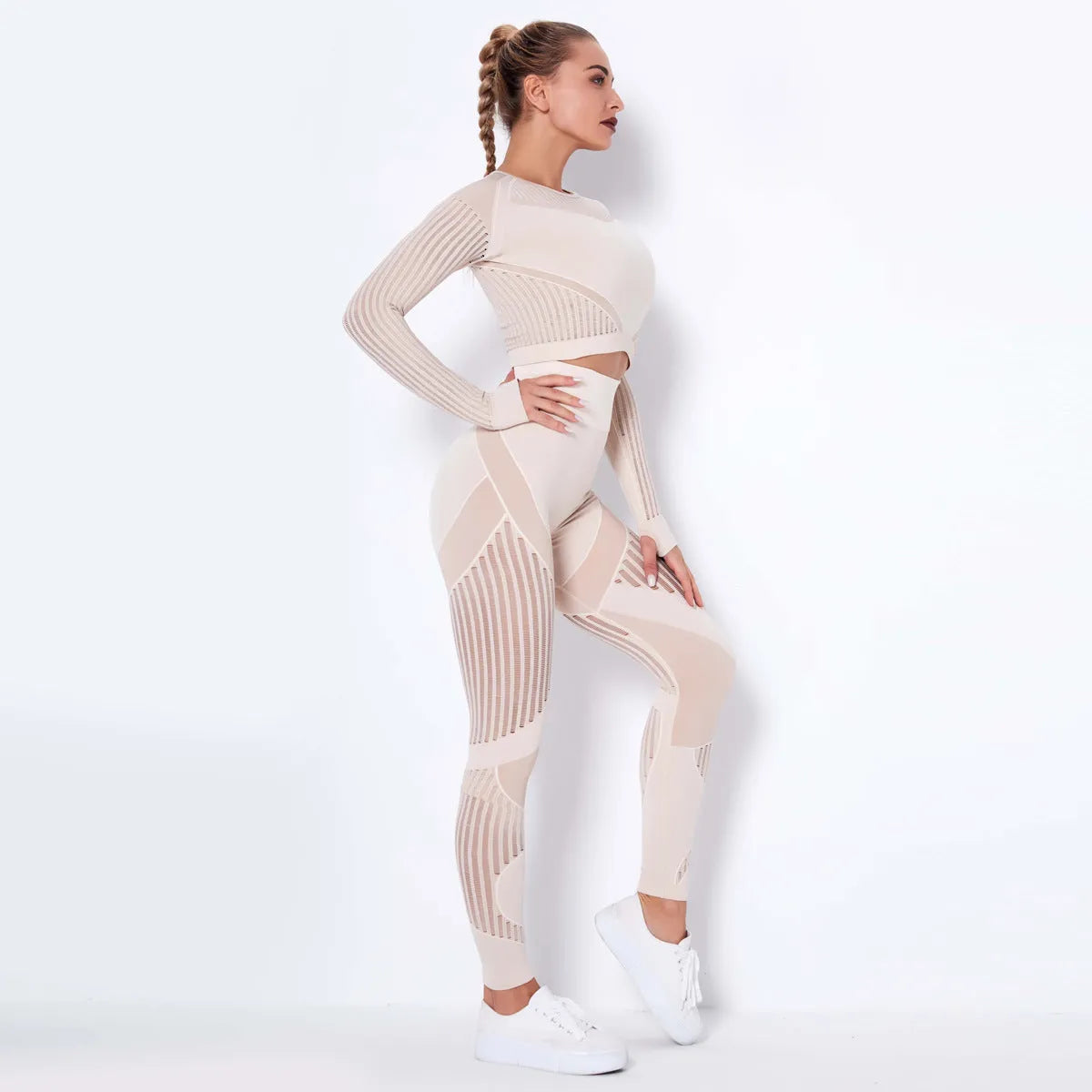 Women's seamless knitted long sleeve yoga wearsuit in a striped pattern, shown in a neutral colour.