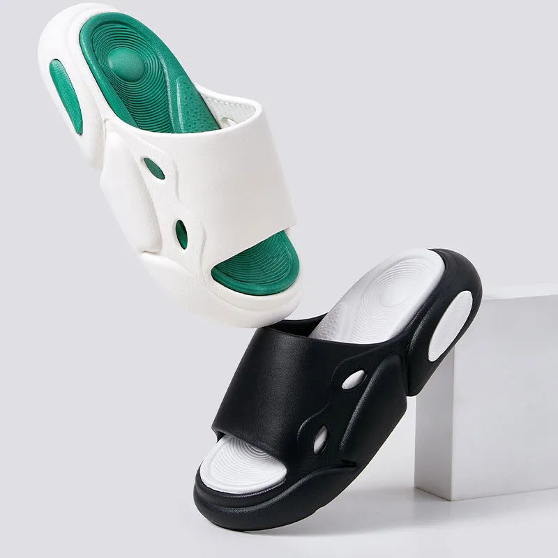 Women's and men's two-colour EVA slippers with thick soles and leather lining in pink purple, white green, or black and white options.