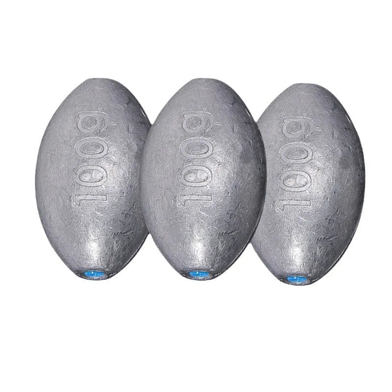 Olive-coloured rugby-shaped fishing sinker with a textured scale surface and plastic core, shown in various weights.