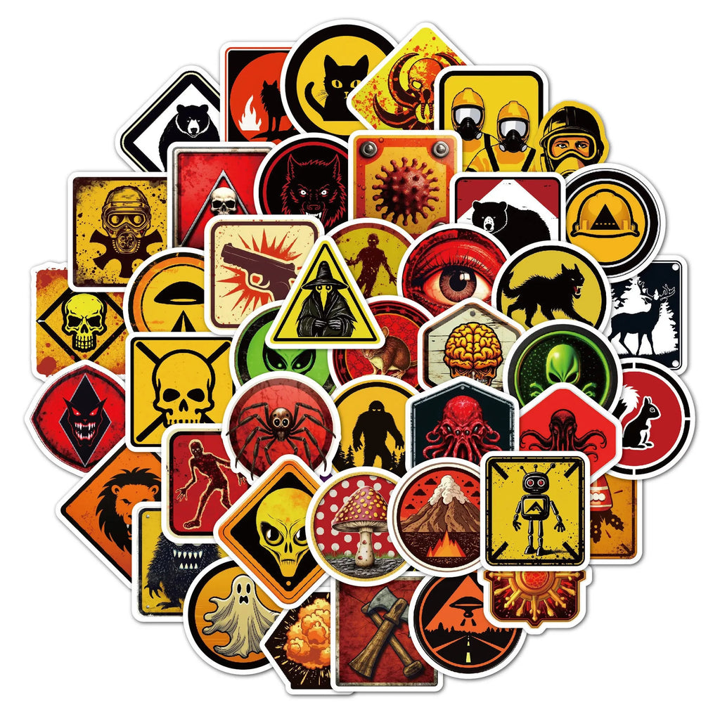 Pack of 50 waterproof personalised stickers for motorcycle helmets with warning slogans
