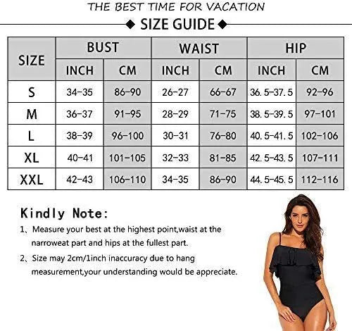 Black one-piece swimsuit with cut-out design and ruffled straps on the tube top