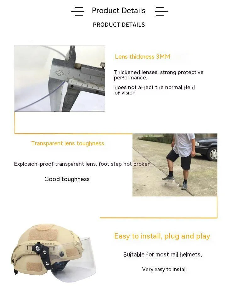 Transparent polycarbonate helmet face mask with windproof lens and guide rail mounting