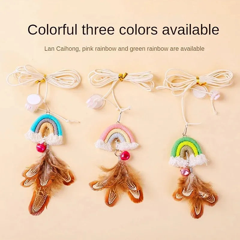Feather cat rope door hanging toy with elastic swing and sticky buckle clamp in rainbow colours